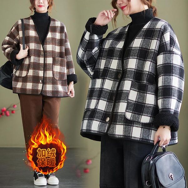 

women's wool & blends coat thicken harajuku jackets women vintage chic plaid fashion long sleeve simple bf style streetwear daily ins f, Black