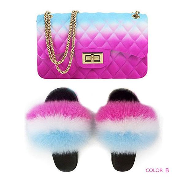 

slippers women shoes fur high-end colorful bags ladies fluffy set, Black