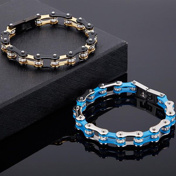 

link, chain men's motorcycle bracelet two-tone stainless steel link wristband women's white cz crystals rhinestone punk style jewe, Black