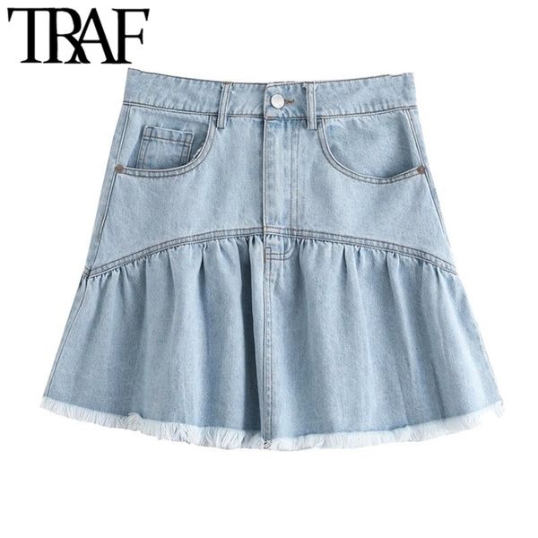 

women sweet fashion frayed tassel patchwork denim mini skirt vintage high waist zipper female skirts faldas mujer 210507, Black