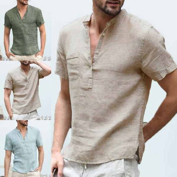 

dresses men's breathable button v-neck t-shirt large cotton linen shirt, White;black