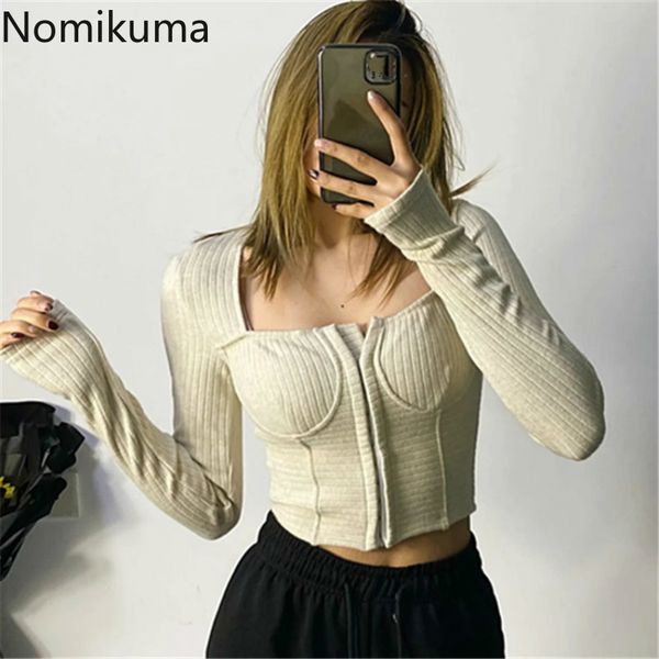 

nomikuma spring new square collar zipper cardigan knitwear slim short knitted coat long sleeve women sweater 6d991 210427, White;black