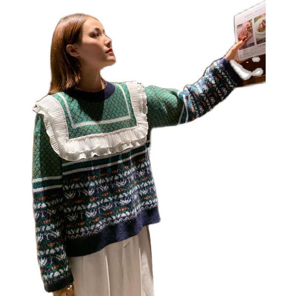 

women's sweaters 2021 sweet retro lazy pullover sweater jacket female autumn and winter loose diamond knitted lace, White;black