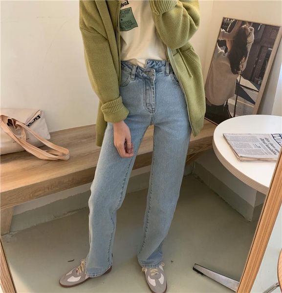

women's jeans high waist irregular wash straight pants 2021 slim tight, Blue