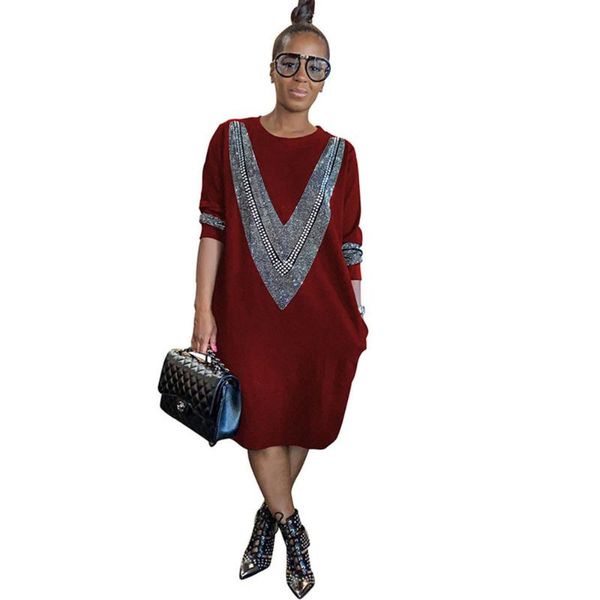 

casual dresses women autumn winter dress o-neck long sleeve loose streetwear knee-length rhinestone oversized shift vestidos, Black;gray