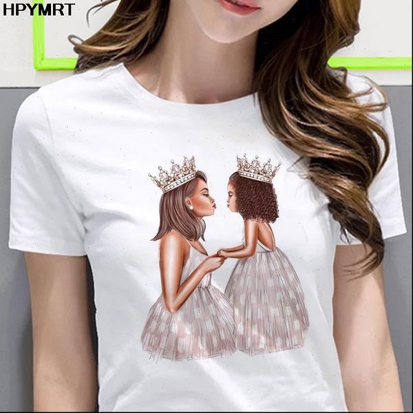 

mom daughter wearing a women t shirts crown printed vogue casual summer tee streetwear clothing, White