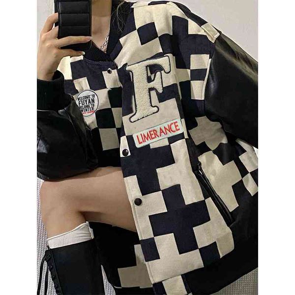 

guochao chessboard plaid baseball jacket men's spring and autumn style high street vintage couple winter thick jacket, Black