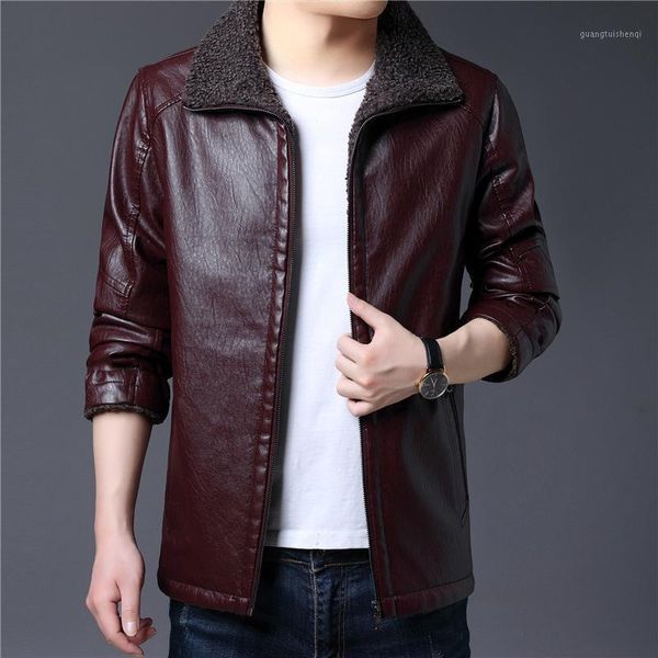 

men's fur & faux 2021 style autumn winter plus velvet leather jackets motorcycle jacket male biker coats mens brand clothing, Black