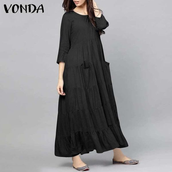 

summer maxi dress vintage 3/4 sleeve plain dresses with pockets vonda casual bohemian vestidos plus size beach sundress, Black;gray