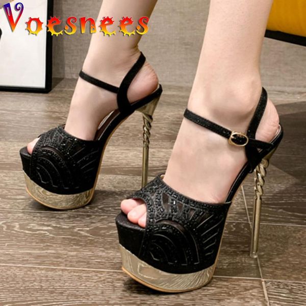 

voesnees 2021 women's shoes gold rhinestone stiletto platform sandals summer peep toe hollow high heels model catwalk, Black