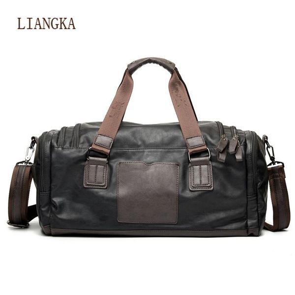 

travel bag black pu leather hiking bags hand luggage for men duffle outdoor large capacity duffel