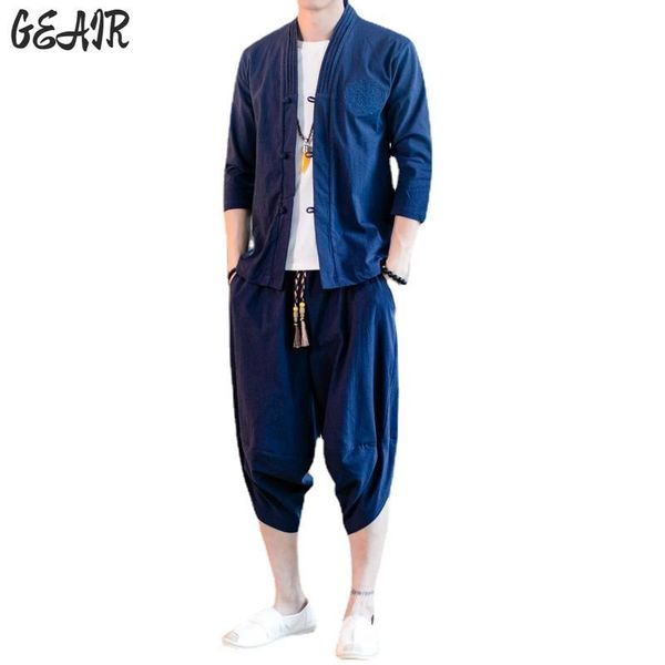 

men's tracksuits big size cotton short-sleeved t-shirt bloomers set clothing retro oversized luxury embroidered tai chi sweatsuit men, Gray