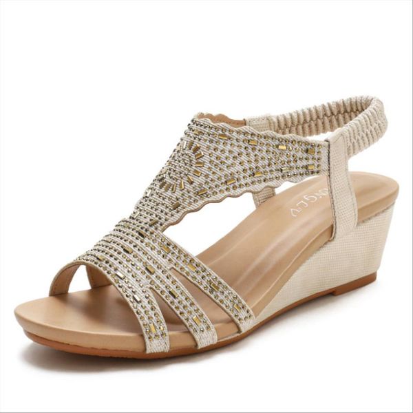 

sandals summer style women's rhinestones light and simple casual shoes ladies all-match wedge, Black