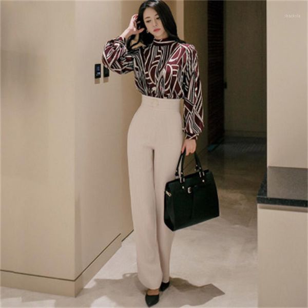 

women's tracksuits fashion suit female summer autumn casual printed shirt slim waist pants two-piece women ol busines, Gray
