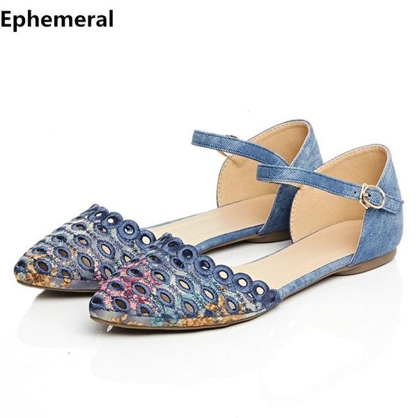 

ladies flats sandals cut-outs pointed toe single shoes with buckle strap cover heels blue grey plus size 43 42 39 summer beach, Black