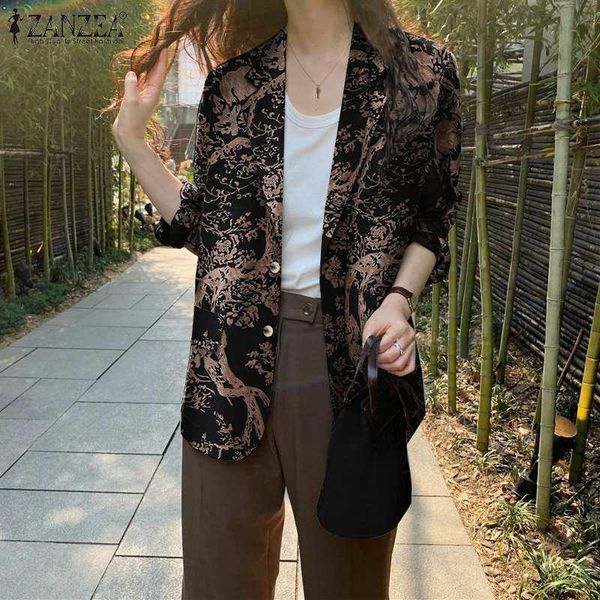 

women's suits & blazers loose long sleeved bohemian spring autumn floral printed blazer streetwear retro elegant chemise fashion coat, White;black