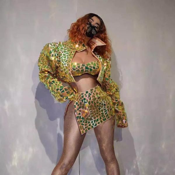 

party decoration gold sequin bra+skirt+ jacket 3-piece set women nightclub dj stage outfit sets hip hop singer dancer performance wear
