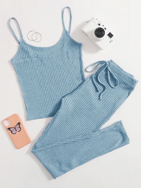 

waffle knit cami & knot waist leggings set x6ot#, White