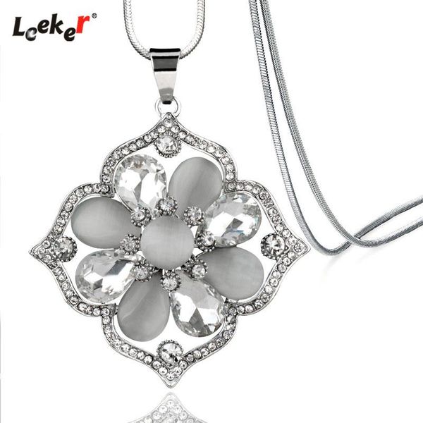 

pendant necklaces leeker big opal flower long necklace snake chain women statement jewelry 335 lk2, Silver