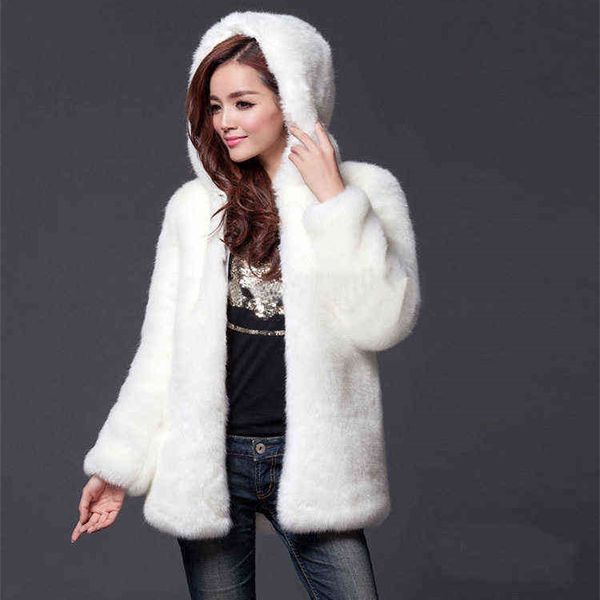 Зимнее пальто Женщины черный с пушистым пиджаком с капюшоном на молнии пончо кардиган из искусственного рукава искусственного кролика S 21213