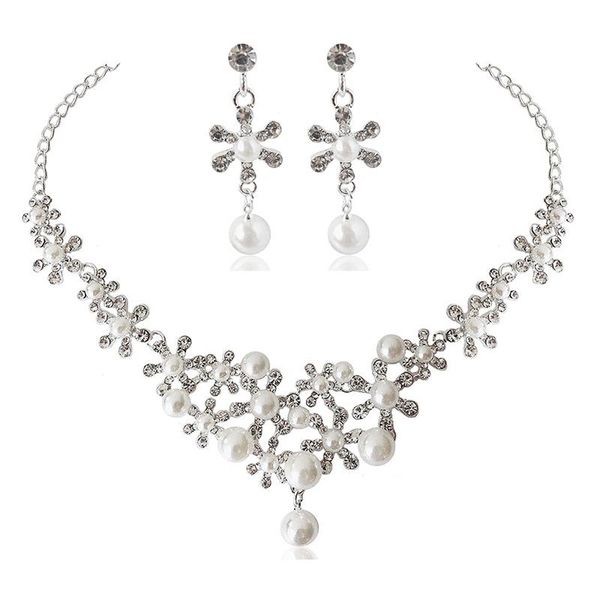 

earrings & necklace forseven women's wedding jewelry set handmade pearl crystal crown luxury bride accessory jl, Silver