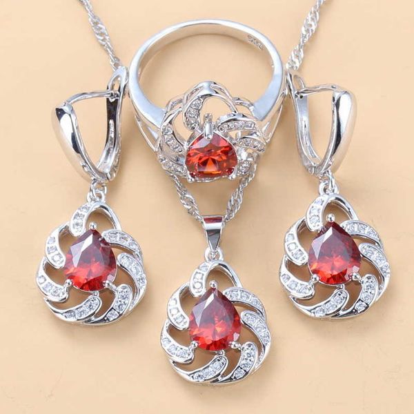 Set di gioielli da sposa con granato rosso di alta qualità per le donne Set di 3 pezzi di costume alla moda di colore argento H1022