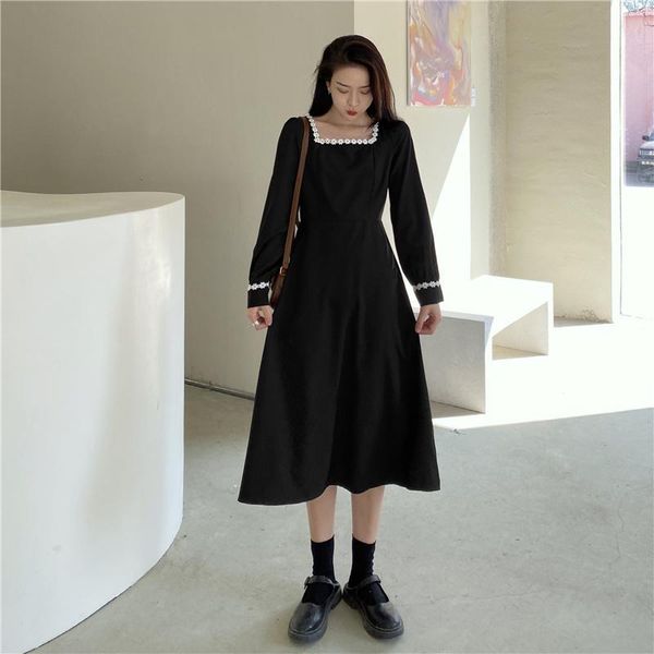 

casual dresses long sleeve dress women arrival lace-edge french fashion elegant girls outwear date daily retro ulzzang chic all-match, Black;gray