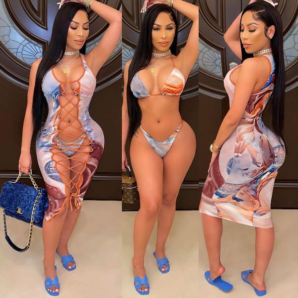 

3pcs summer beach bikini swimsuit women tracksuits sets printed hollow out lace up midi dress sleeveless bandage matching set, Gray