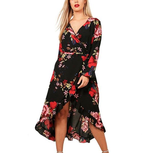 

plus size dresses 5xl women floral printing dress open stitch v-neck long sleeve chic clothing retro asymmetric split ol vestidos, Black