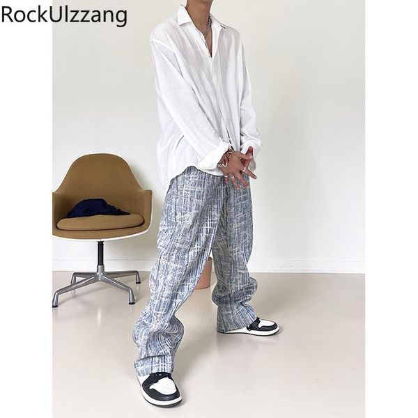 

men's jeans japanese vintage irregular striped fashion loose straight denim pant men korean long trouser streetwear work elastic waist, Blue