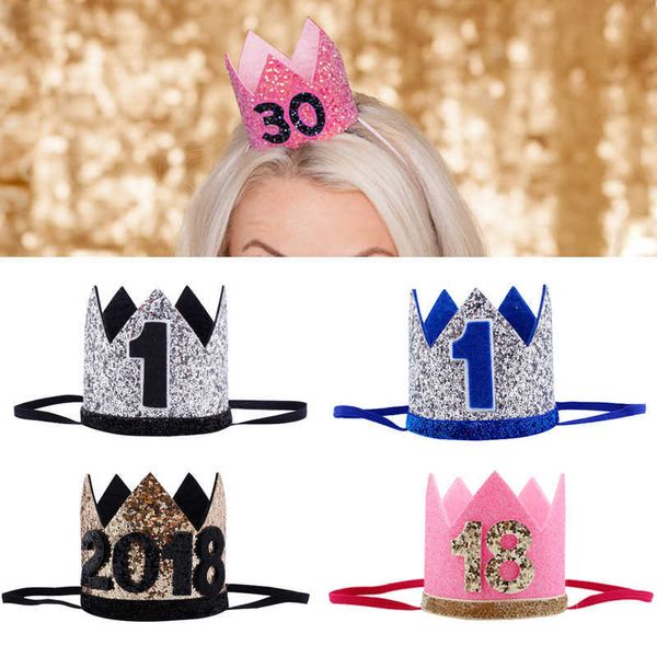 

kids new year 1st birthday hat baby party cap girl boys pink blue flowers princs crown headband hairwear decor suppli