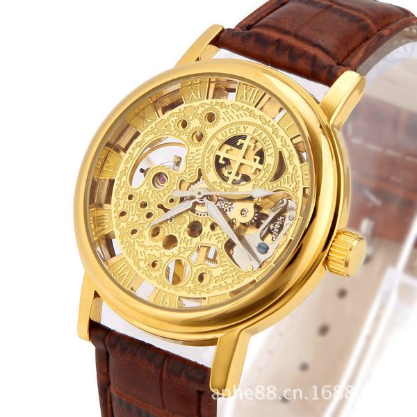

lucky family manual gold carving mechanical watch double perspective hollow out, Slivery;brown