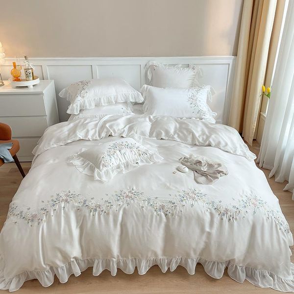 

white super soft breathable tencel silky floral embroidery princess bedding set ruffle duvet cover flat/fitted sheet pillowcases sets