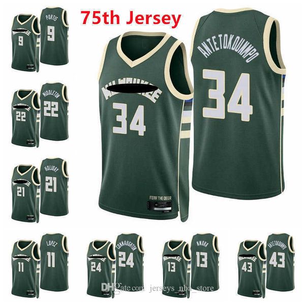 

2021 2022 embroidery men basketball giannis antetokounmpo 34 jrue holiday khris middleton lopez portis connaughton 75th green jerseys, Black;red