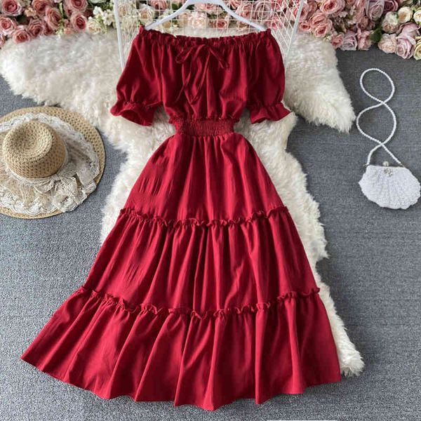 

vintage slash neck midi dress women off shoulder short sleeve high waist ruffle vestidos female summer fashion 210426, Black;gray