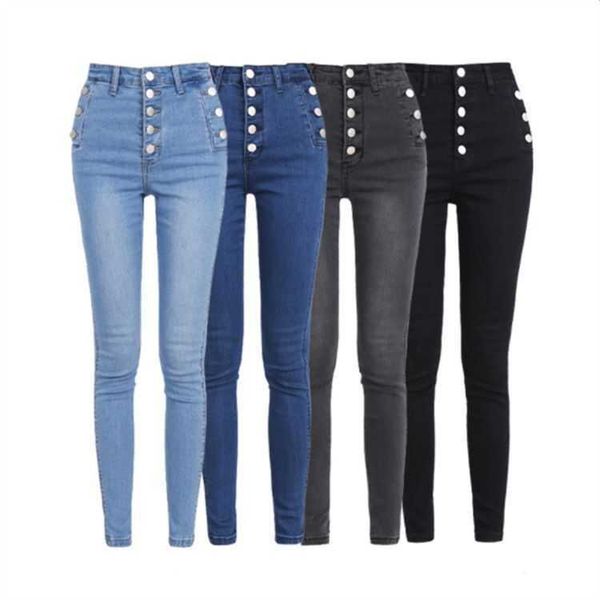 

fashion jeans wind women's pants autumn and winter high waist three row button quality slim leg long leggings, Blue