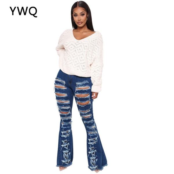 

bell bottom women jeans ripped flared pants high waist streetwear vintage female full length official clothing women's, Blue