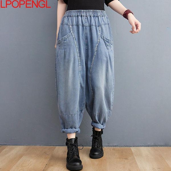 

women's jeans women spring autumn 2021 fashion hip-hop street pure cotton bleached harem pants loose elastic waist multi-pocket clothes, Blue