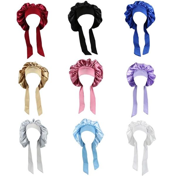 

soft silk women night sleeping shower cap high elastic ladies long hair care bonnet headwrap cozy satin hat accessories 50pf beanie/skull ca, Blue;gray