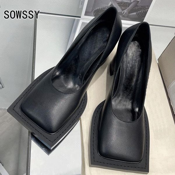 

dress shoes 2021 autumn square toe hoof heels pumps fashion genuine leather shallow women's heel banquet, Black
