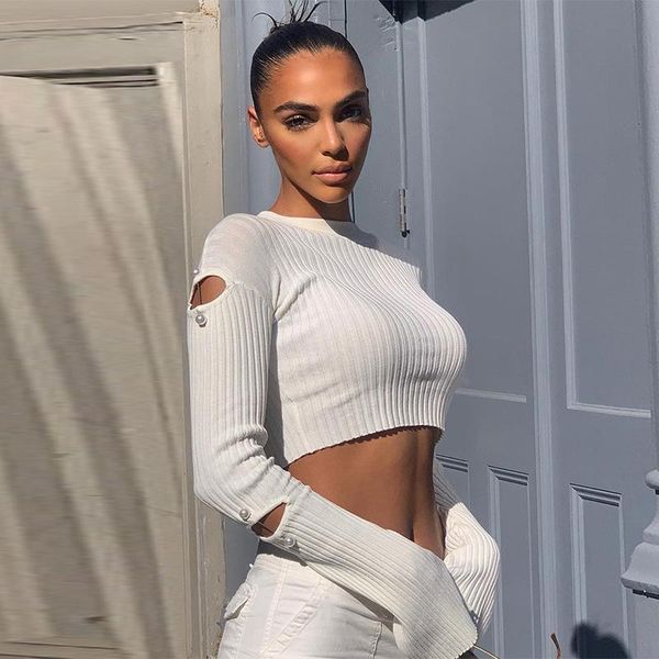 

women's t-shirt 2021 autumn cable knit crop , cut out long sleeve crew neck solid color slim fit t-shirts, White