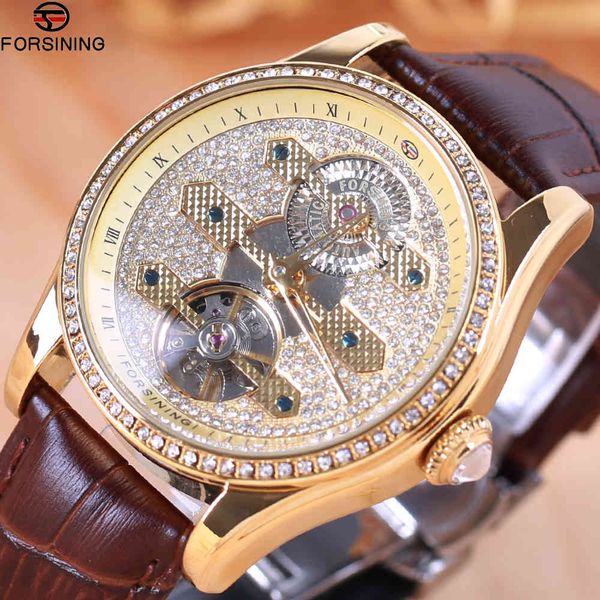 

2021new forsining brand fashion leather gold watches men automatic mechanical skeleton waterproof relogio masculino box, Slivery;brown