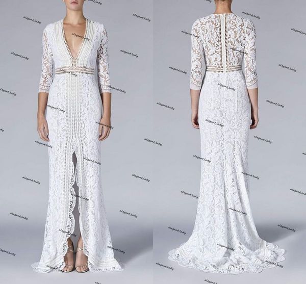 

bohemian crochet lace cotton mermaid wedding dresses v-neck front slit long sleeve trumpet beach country bridal dress robes, White