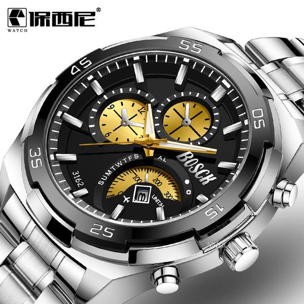

wristwatches men watches sport quartz watch chronograph waterproof wristwatch stainless steel date clock relogio masculino, Slivery;brown