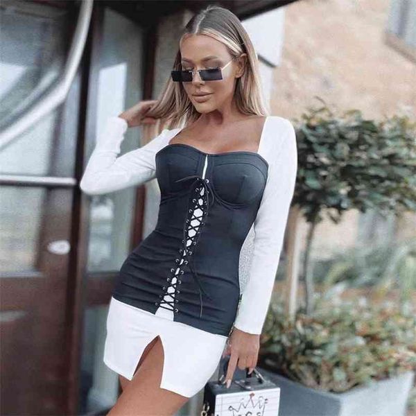 

winter women black long sleeve bodycon bandage dress strapless lace up celebrity evening runway party 210507, Black;gray