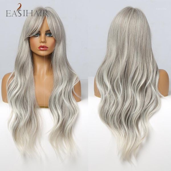 

synthetic wave long silver gray blonde ombre wigs with bangs heat resistant fiber cosplay for women1, Black