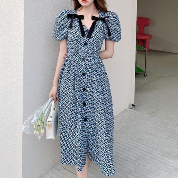 

summer fashion chic sweet bow v-neck floral elegant dress puff sleeve print retro midi party dress 210518, Black;gray
