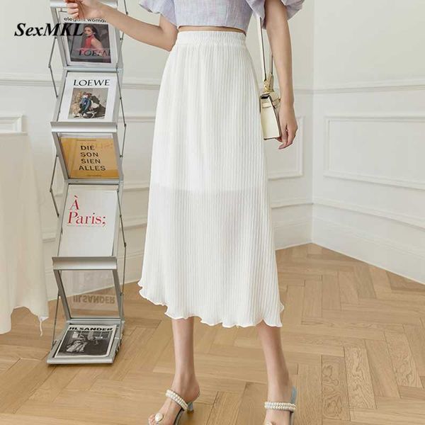 

elegant summer black long skirts women fashion high waist white pleated skirt korean holiday chiffon maxi skirt 210528