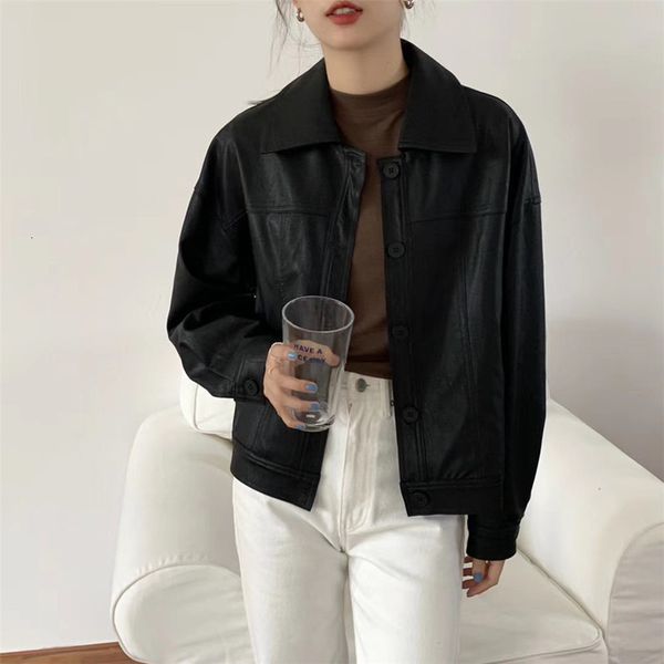 

jackets korean pu solid color women loose chic fashion motorcycle short faux leather jacket, Black;brown