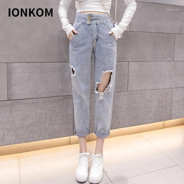 

women's jeans ionkom high waist ripped denim casual pants women blue double button extreme destroyed loose ankle-length